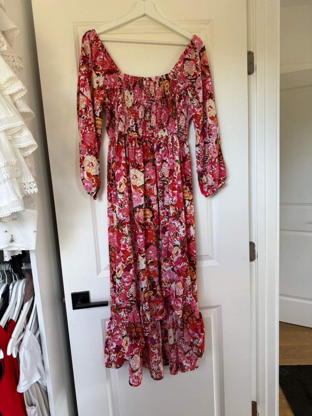JODIFL Pink Floral Smocked Off-Shoulder Maxi Dress